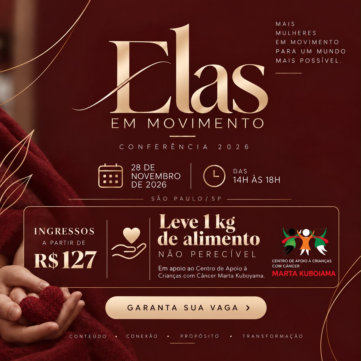 Banner oficial Elas em Movimento: 28 de novembro de 2026, das 14h às 18h, ingressos a partir de R$ 127 e doação de 1 kg de alimento não perecível